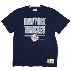 NY Yankees Mitchell & Ness MLB‎ L Large Shirt Printed Team Name & Logo Navy New